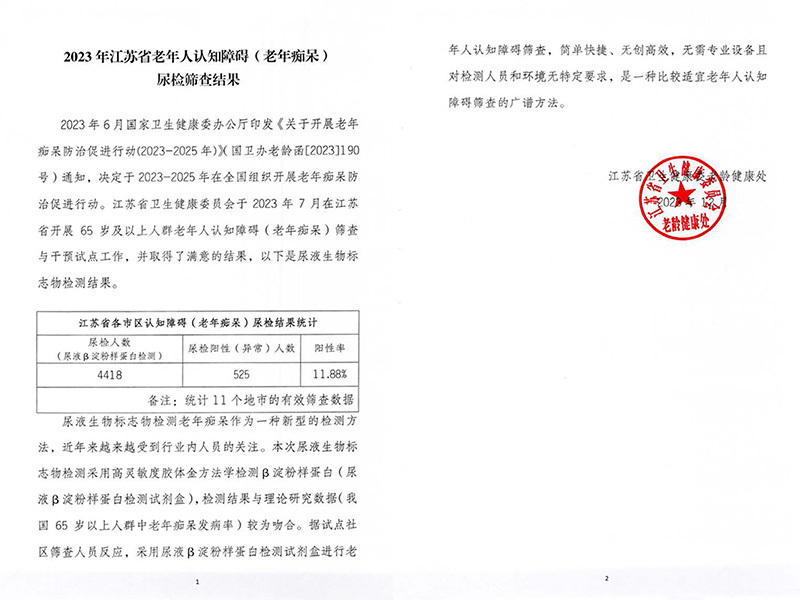 In 2023, the elderly in Jiangsu Province, cognitive impairment, senile dementia), urine screening results